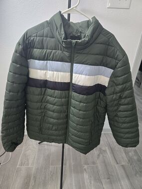 Men's Olive Green Puffer Jacket with Contrast Stripes